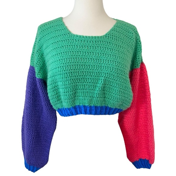 Handmade Sweaters - Hand Crochet Colorblock Crop Cardigan